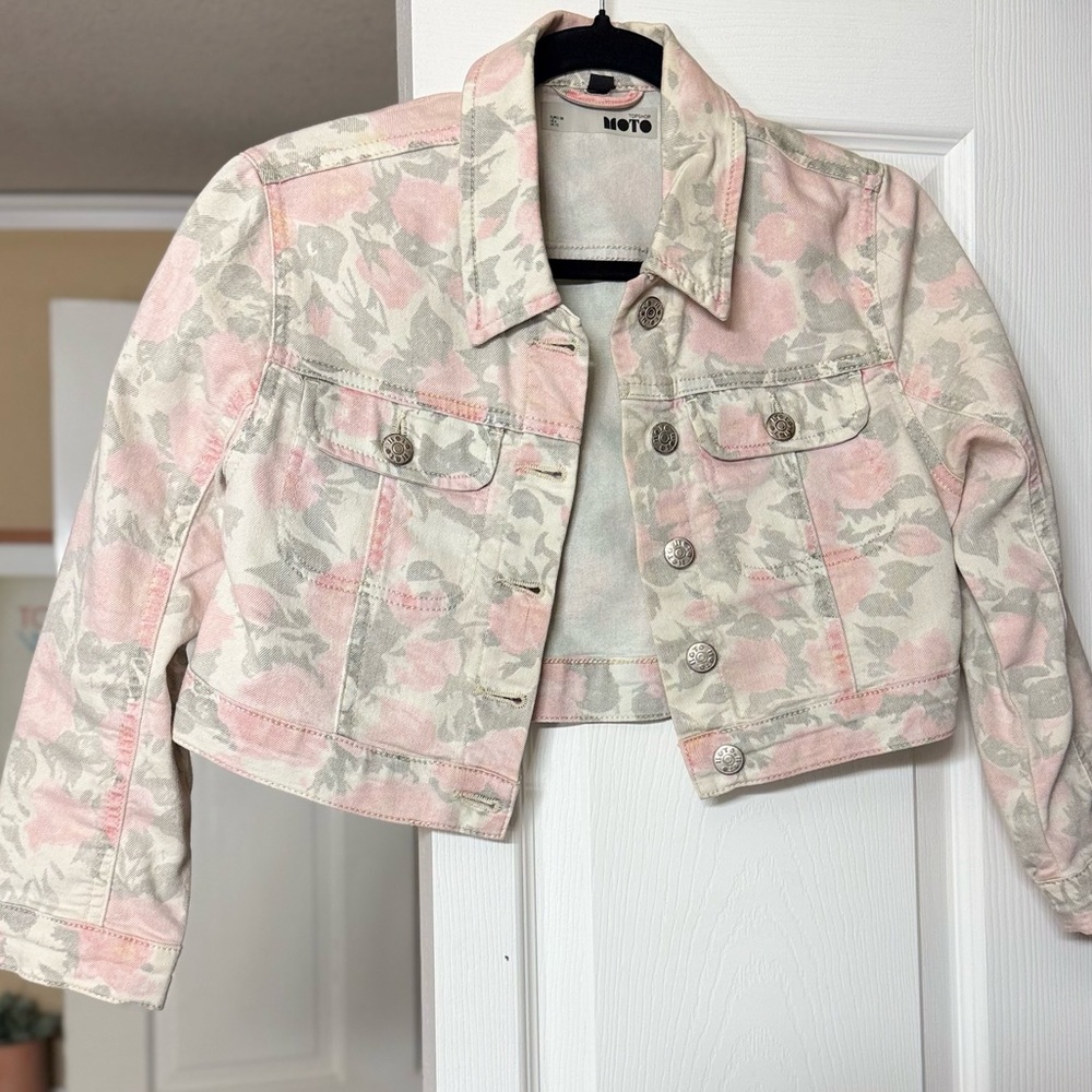 Topshop Washed Floral Crop Jean Jacket